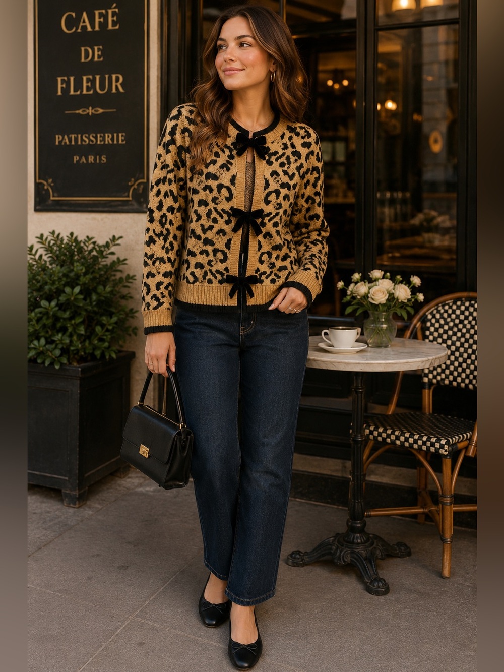 Cato Leopard Bow Front Cardigan Sweater Tan Black Coquette Preppy Size L